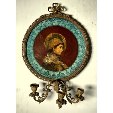 APPLIQUE PARETE 3 FIAMME DECORATIVA BRONZO DORATO MEDAGLIONE RITRATTO