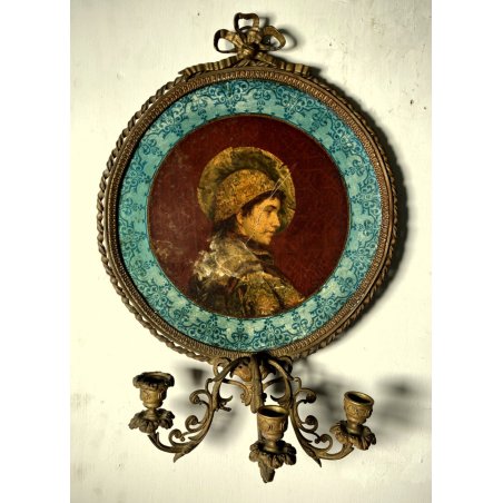 APPLIQUE PARETE 3 FIAMME DECORATIVA BRONZO DORATO MEDAGLIONE RITRATTO