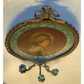 APPLIQUE PARETE 3 FIAMME DECORATIVA BRONZO DORATO MEDAGLIONE RITRATTO