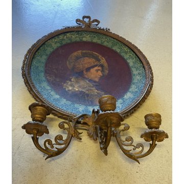 APPLIQUE PARETE 3 FIAMME DECORATIVA BRONZO DORATO MEDAGLIONE RITRATTO