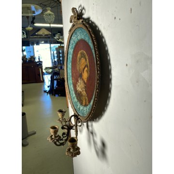 APPLIQUE PARETE 3 FIAMME DECORATIVA BRONZO DORATO MEDAGLIONE RITRATTO