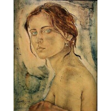  QUADRO DIPINTO OLIO TAVOLA Santo Forlini  "Modella" VOLTO RITRATTO DONNA 1982