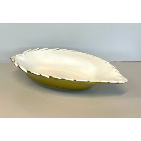 CIOTOLA VETRO INCAMICIATO MURANO A FOGLIA CENTROTAVOLA VASO ANNI 60 VERDE ORO