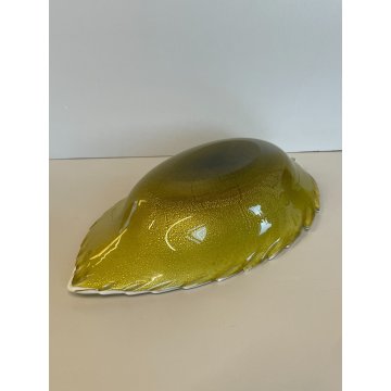 CIOTOLA VETRO INCAMICIATO MURANO A FOGLIA CENTROTAVOLA VASO ANNI 60 VERDE ORO