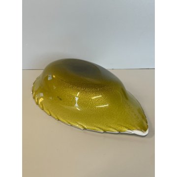 CIOTOLA VETRO INCAMICIATO MURANO A FOGLIA CENTROTAVOLA VASO ANNI 60 VERDE ORO