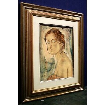  QUADRO DIPINTO OLIO TAVOLA Santo Forlini  "Modella" VOLTO RITRATTO DONNA 1982