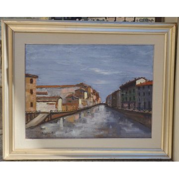 ANTICO QUADRO DIPINTO Maggioni Ferma EPOCA 900 PAESAGGIO Milano FIUME NAVIGLIO
