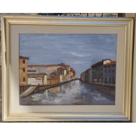 ANTICO QUADRO DIPINTO Maggioni Ferma EPOCA 900 PAESAGGIO Milano FIUME NAVIGLIO