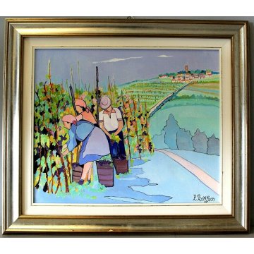QUADRO DIPINTO E. Sommi PAESAGGIO ASTRATTO COLLINE VIGNETI CONTADINI VENDEMMIA