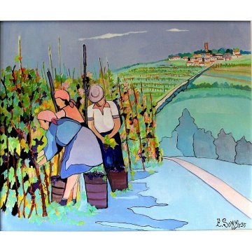 QUADRO DIPINTO E. Sommi PAESAGGIO ASTRATTO COLLINE VIGNETI CONTADINI VENDEMMIA