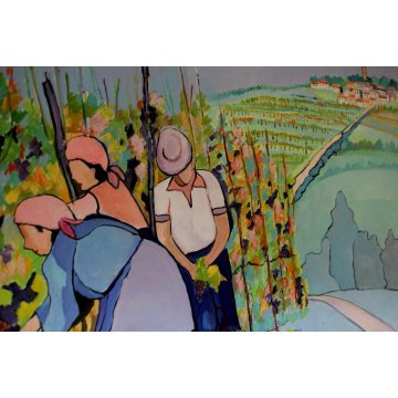 QUADRO DIPINTO E. Sommi PAESAGGIO ASTRATTO COLLINE VIGNETI CONTADINI VENDEMMIA