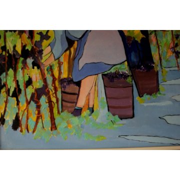 QUADRO DIPINTO E. Sommi PAESAGGIO ASTRATTO COLLINE VIGNETI CONTADINI VENDEMMIA