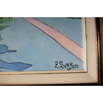 QUADRO DIPINTO E. Sommi PAESAGGIO ASTRATTO COLLINE VIGNETI CONTADINI VENDEMMIA