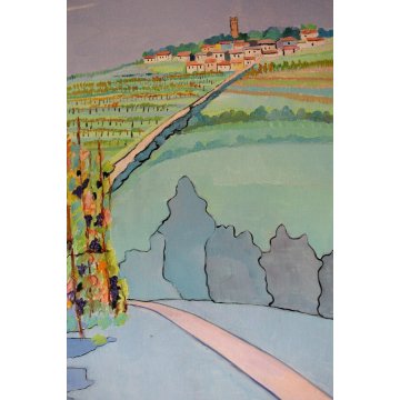 QUADRO DIPINTO E. Sommi PAESAGGIO ASTRATTO COLLINE VIGNETI CONTADINI VENDEMMIA