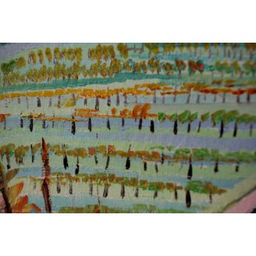 QUADRO DIPINTO E. Sommi PAESAGGIO ASTRATTO COLLINE VIGNETI CONTADINI VENDEMMIA