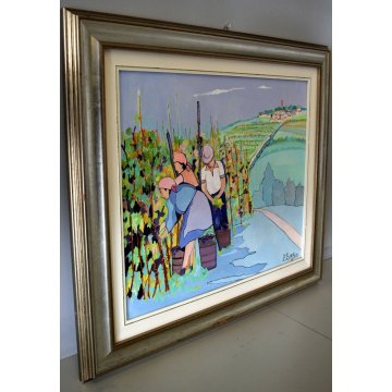 QUADRO DIPINTO E. Sommi PAESAGGIO ASTRATTO COLLINE VIGNETI CONTADINI VENDEMMIA