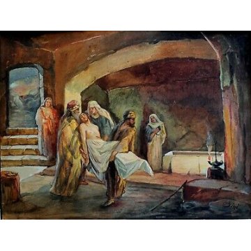 ANTICO QUADRO ACQUERELLO Carlo Bini  GESU SEPOLTURA SANTO SEPOLCRO RELIGIOSO   