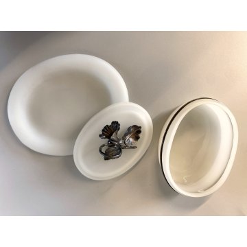 SCATOLA con COPERCHIO VETRO OPALINO PROFILO e DECORO LIBERTY FLOREALE ARGENTATO