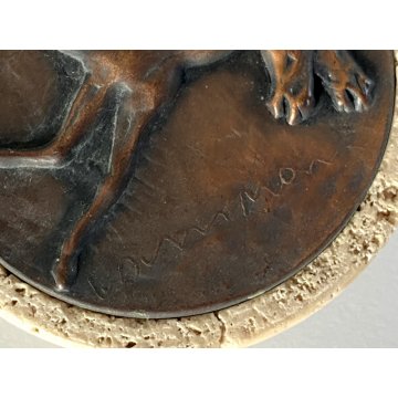 FERMACARTE Bruno Cassinari BASSORILIEVO BRONZO CAVALLI TRAVERTINO ø7x3cm/h '900