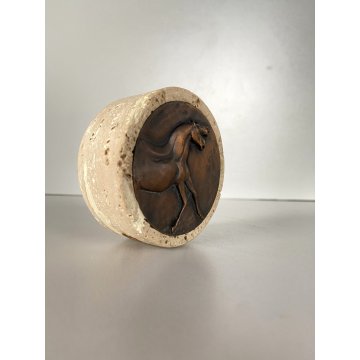 FERMACARTE Bruno Cassinari BASSORILIEVO BRONZO CAVALLI TRAVERTINO ø7x3cm/h '900