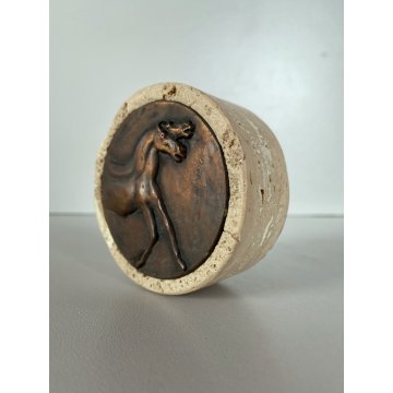 FERMACARTE Bruno Cassinari BASSORILIEVO BRONZO CAVALLI TRAVERTINO ø7x3cm/h '900
