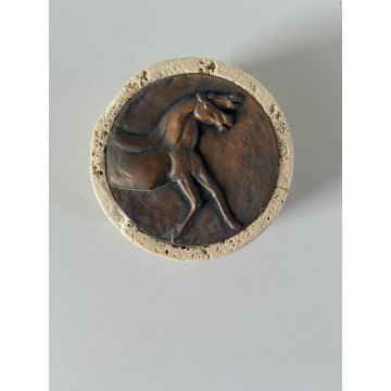 FERMACARTE Bruno Cassinari BASSORILIEVO BRONZO CAVALLI TRAVERTINO ø7x3cm/h '900
