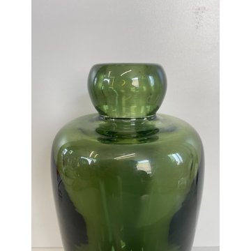 ANTICO VASO BOTTIGLIA VETRO MURANO SOFFIATO VERDE OLIVA PORTA FIORI EPOCA 1940