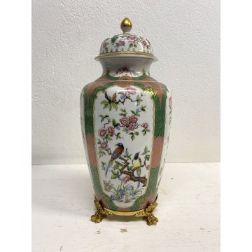 GRANDE VASO COPERCHIO URNA PORCELLANA DECORO POLICROMO