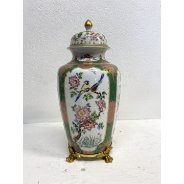 GRANDE VASO COPERCHIO URNA PORCELLANA DECORO POLICROMO