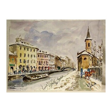 DIPINTO Antonello Zecca ACQUERELLO PAESAGGIO NEVE VECCHIA MILANO S. Cristoforo