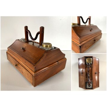 ANTICO CALAMAIO DA VIAGGIO SCATOLA LEGNO MASSELO con MANICO 4 VANI EPOCA 1800