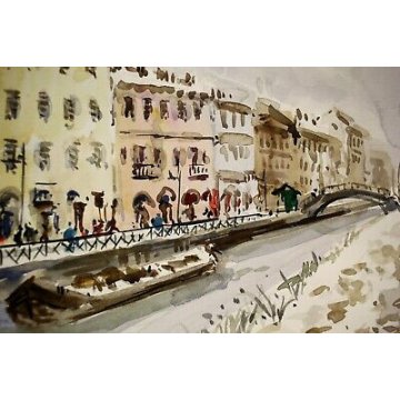 DIPINTO Antonello Zecca ACQUERELLO PAESAGGIO NEVE VECCHIA MILANO S. Cristoforo