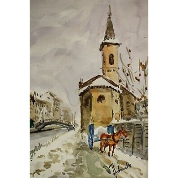 DIPINTO Antonello Zecca ACQUERELLO PAESAGGIO NEVE VECCHIA MILANO S. Cristoforo