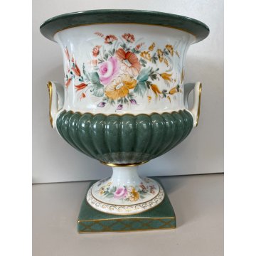 GRANDE COPPA MEDICEA CENTROTAVOLA PORCELLANA Limoges DECORO FLOREALE VERDE ORO