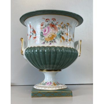 GRANDE COPPA MEDICEA CENTROTAVOLA PORCELLANA Limoges DECORO FLOREALE VERDE ORO