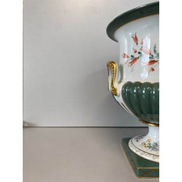 GRANDE COPPA MEDICEA CENTROTAVOLA PORCELLANA Limoges DECORO FLOREALE VERDE ORO