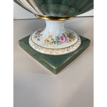 GRANDE COPPA MEDICEA CENTROTAVOLA PORCELLANA Limoges DECORO FLOREALE VERDE ORO