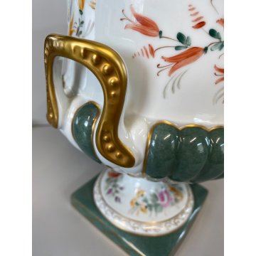 GRANDE COPPA MEDICEA CENTROTAVOLA PORCELLANA Limoges DECORO FLOREALE VERDE ORO