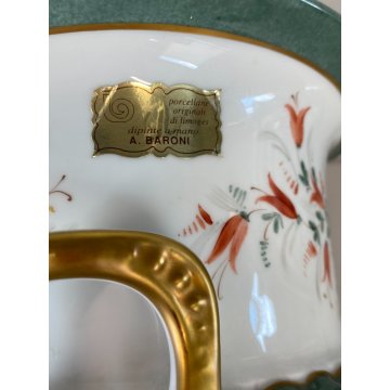 GRANDE COPPA MEDICEA CENTROTAVOLA PORCELLANA Limoges DECORO FLOREALE VERDE ORO