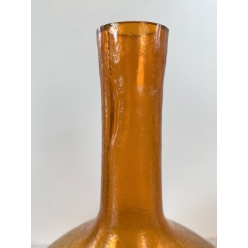 VASO BOTTIGLIA VINTAGE VETRO Murano ARANCIONE CORROSO ACIDATO 28,5 cm/h ANNI '60