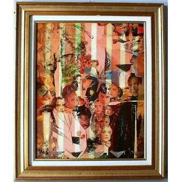 QUADRO TAVOLA Giletti Carlo Maria COMPOSIZIONE MIXED MEDIA VOLTI COLLAGE MATITA