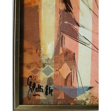QUADRO TAVOLA Giletti Carlo Maria COMPOSIZIONE MIXED MEDIA VOLTI COLLAGE MATITA