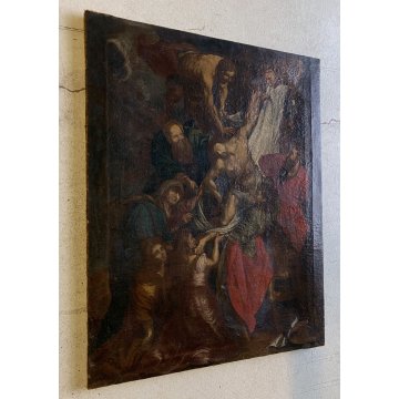 ANTICO DIPINTO OLIO TELA COPIA D'AUTORE "La deposizione" P.Rubens RELIGIOSO XVII
