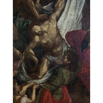 ANTICO DIPINTO OLIO TELA COPIA D'AUTORE "La deposizione" P.Rubens RELIGIOSO XVII