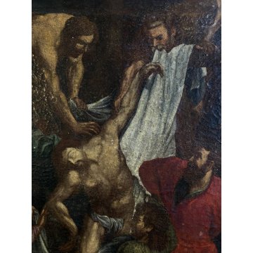 ANTICO DIPINTO OLIO TELA COPIA D'AUTORE "La deposizione" P.Rubens RELIGIOSO XVII