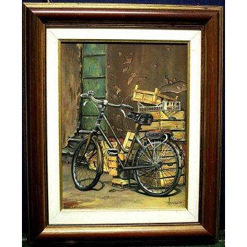 QUADRO DIPINTO OLIO TAVOLA Hans Anger "LA BICICLETTA" BYCICLE NATURA MORTA 1981