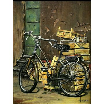 QUADRO DIPINTO OLIO TAVOLA Hans Anger "LA BICICLETTA" BYCICLE NATURA MORTA 1981