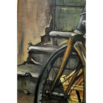 QUADRO DIPINTO OLIO TAVOLA Hans Anger "LA BICICLETTA" BYCICLE NATURA MORTA 1981