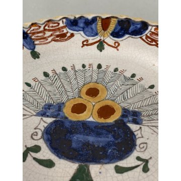 PICCOLO PIATTO da PARETE TERRACOTTA BIANCA DECORO POLICROMO HOLLAND Makkum '900