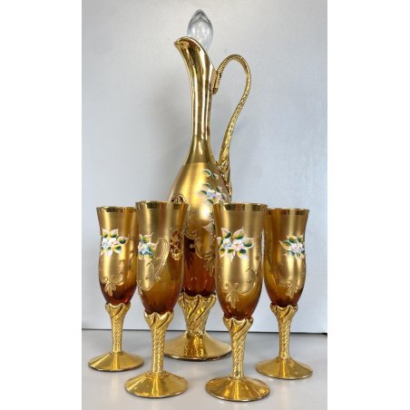 BOTTIGLIA DECANTER 4 FLUTE VETRO MURANO SOFFIATO ORO ZECCHINO DECORO FLOREALE 50